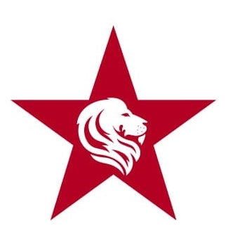 Red star with a white lion emblem on a white background